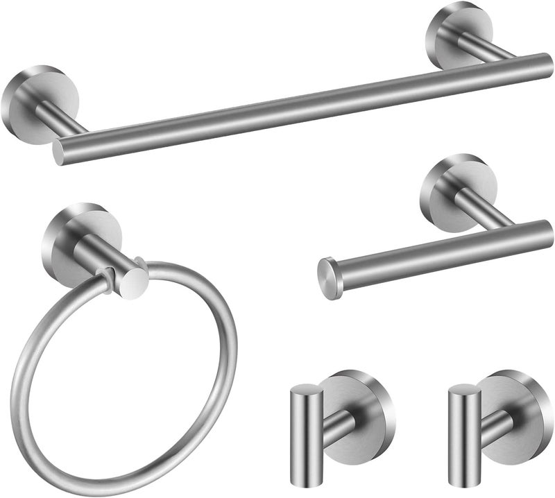 Hinmood Towel Bar Set Brushed Nickel, Bathroom Towel Ring Set 5pcs Including 2pcs 16'' Tower Bar, Towel Ring and 2 PCS Towel Hooks - Image 1
